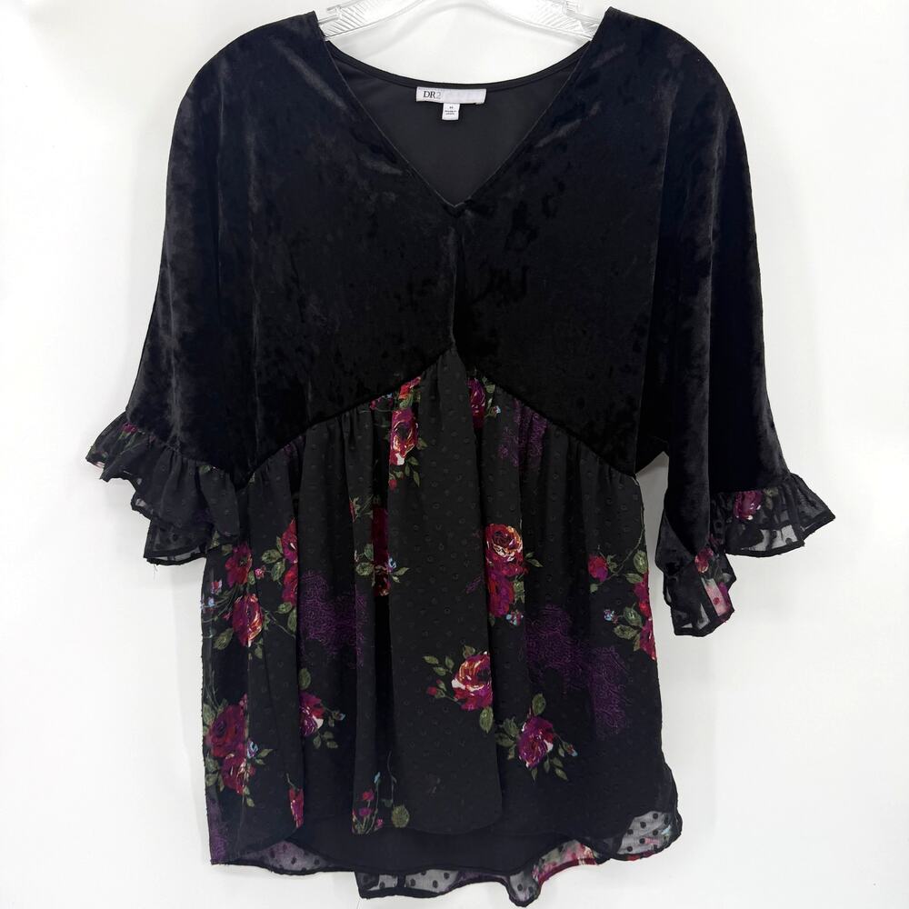 DR2 Womens Velour Black Floral High Waist Shirt Size M Whimsygoth Fairy Chiffon
